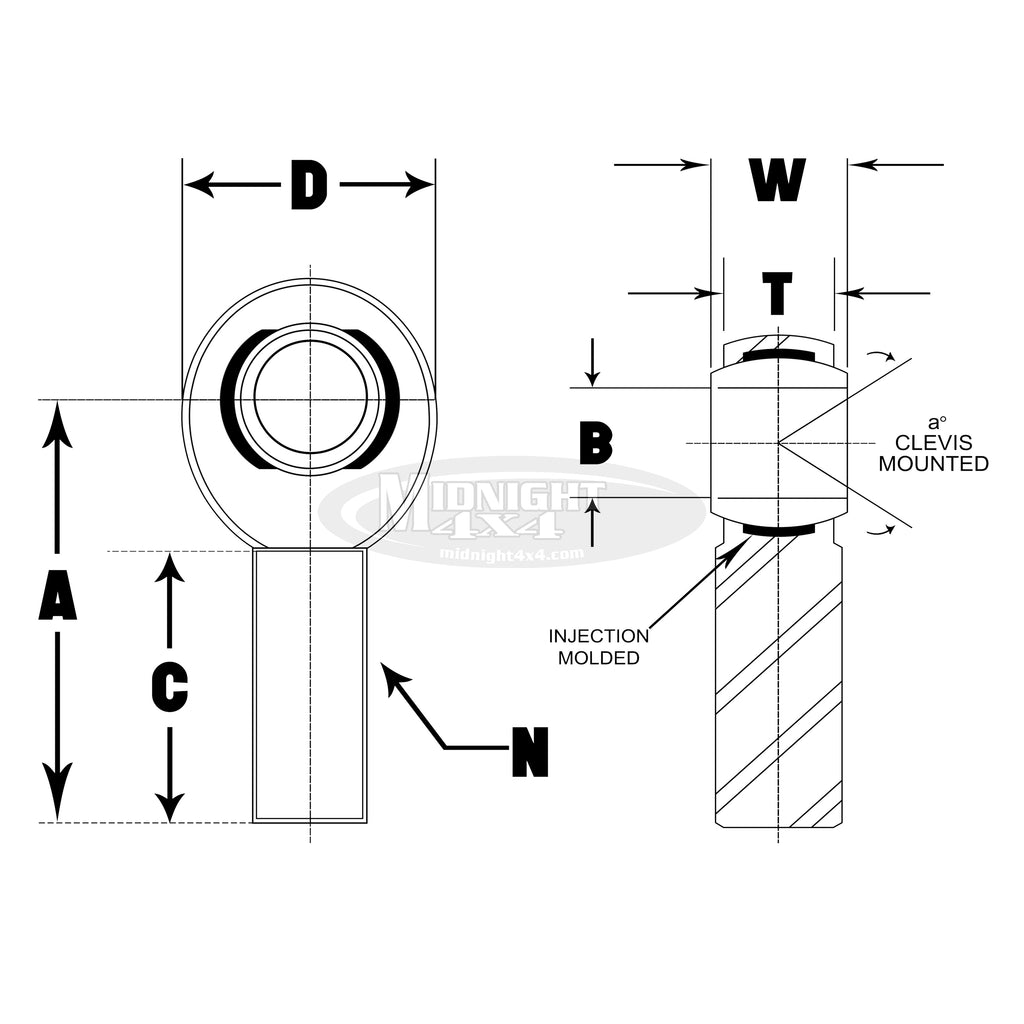 3/4" x 5/8" Rod End, Heim Joint, Midnight 4x4, Heim Joint Diagram